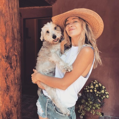 Meredith Hagner with her late pet dog, Bowie.